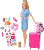 Barbie FWV25 - Reise Puppe mit blonden Haaren inkl. Reisezubehör und Hündchen, Puppen Spielzeug und Puppenzubehör ab 3 Jahren