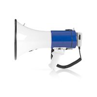 Nedis Megaphon / Reichweite offenes Feld bis zu: 1500 m / max. Lautstärke-Regler: 120 dB / Abnehmbares Mikrofon / Eingebaute Sirene / Schulterriemen / Blau / Weiss