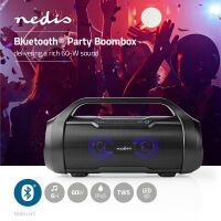Nedis Bluetooth® Party Boombox / 6 hrs / 2.0 / 60 W / Medienwiedergabe: AUX / Micro SD / USB / IPX5 / Verknüpfbar / Tragegriff / Partylicht / Schwarz
