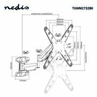 Nedis Schwenkbare TV-Wandhalterung / 23 - 55 " / maximal unterstützes Bildschirmgewicht: 30 kg / Vertikale Bewegung: 0-282 mm / Minimaler Wandabstand: 61 mm / Maximaler Wandabstand: 565 mm / kippbar / drehbar / 3 Drehpunkt(e) / ABS / Stahl / Schwarz