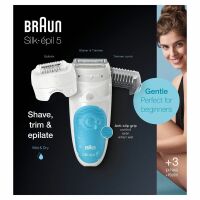Braun Silk-épil 5 5-605, Epilierer für Epilations-Einsteigerinnen für eine sanfte Haarentfernung, inklusive Rasier- und Trimmeraufsatz, Micro-Grip-Pinzetten-Technologie, schwenkbarer Kopf, Wet &amp; Dry-Epilation, weiß/türkis