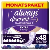 Always Discreet Inkontinenz-Einlagen Ultimate Nacht Monatspaket bei Blasenschwäche, 48 Einlagen (4 Packungen x 12 Stück)