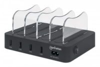 Manhattan Charging Station - 4x USB-A Ports - Outputs: 4x 2.4A - Smart IC - LED Indicator Lights - Black (Power Cable: Euro 2-pin plug to C7 figure-of-8 connector) - Box - Freestanding - Plastic - Black - Contact - CE FCC RoHS WEEE ETL - 100 - 240 V