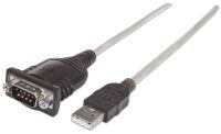 Manhattan USB-A to Serial Converter cable - 45cm - Male to Male - Serial/RS232/COM/DB9 - FTDI FT232RL Chip - Equivalent to Startech ICUSB2321F - Black/Silver cable - Polybag - Silver - 0.45 m - USB - DB9 - Male - Male