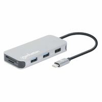 Manhattan USB-C Dock/Hub with Card Reader - Ports (x6): Ethernet - HDMI - USB-A (x3) and USB-C - With Power Delivery (10W) to USB-C Port (Note additional USB-C wall charger and USB-C cable needed) - Cable 15cm - Aluminium - Silver - Three Year Warranty - 
