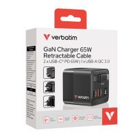 Verbatim Gan Charger 65W 2xUSB-C PD,1xUSB-A, retrac. Cable  32217 Ladegeräte -Universal-