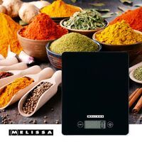 MELISSA Digitale Küchenwaage / Gehärtetes Glas / LCD-Display / Max. 5kg / Tara-Funktion / 1-Gramm-Schritte / Gramm / Unzen / Pfund / Milliliter / Schwarz