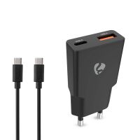 Nedis Netzladegerät / 20 W / GaN / PD3.0 / Schnellladefunktion / 1.5 / 2.0 / 2.22 A / 3.0 A / Anzahl der Ausgänge: 2 / USB-A / USB-C™ / USB Type-C™ (Lose) Kabel / 1.50 m / Automatische Spannungswahl / Schwarz