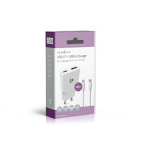 Nedis Netzladegerät / 20 W / GaN / PD3.0 / 1.5 / 2.0 / 2.22 A / 3.0 A / Anzahl der Ausgänge: 2 / USB-A / USB-C™ / USB-C™ (Lose) Kabel / 1.50 m / Automatische Spannungswahl / Weiss