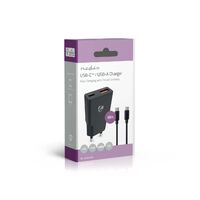Nedis Netzladegerät / 30 W / GaN / PD3.0 / 1.5 / 2.0 / 2.5 / 3.0 A / Anzahl der Ausgänge: 2 / USB-A / USB-C™ / USB Type-C™ (Lose) Kabel / 1.50 m / Automatische Spannungswahl / Schwarz