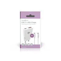 Nedis Netzladegerät / 30 W / GaN / PD3.0 30W / Schnellladefunktion / 1.5 / 2.0 / 2.5 / 3.0 A / Anzahl der Ausgänge: 2 / USB-A / USB-C™ / USB-C™ (Lose) Kabel / 1.50 m / Automatische Spannungswahl / Weiss