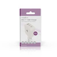 Nedis Netzladegerät / 100 W / GaN / PD3.0 / 2.5 / 3.0 / 5.0 A / Anzahl der Ausgänge: 3 / USB-A / 2x USB-C™ / Automatische Spannungswahl / Weiss