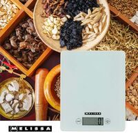 MELISSA Digitale Küchenwaage / Gehärtetes Glas / LCD-Display / Max. 5kg / Tara-Funktion / 1-Gramm-Schritte / Gramm / Unzen / Pfund / Milliliter