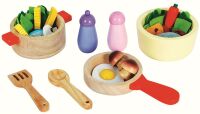 Mentari Kochtopf Set für Spielküche aus Holz Pfanne und Lebensmittel