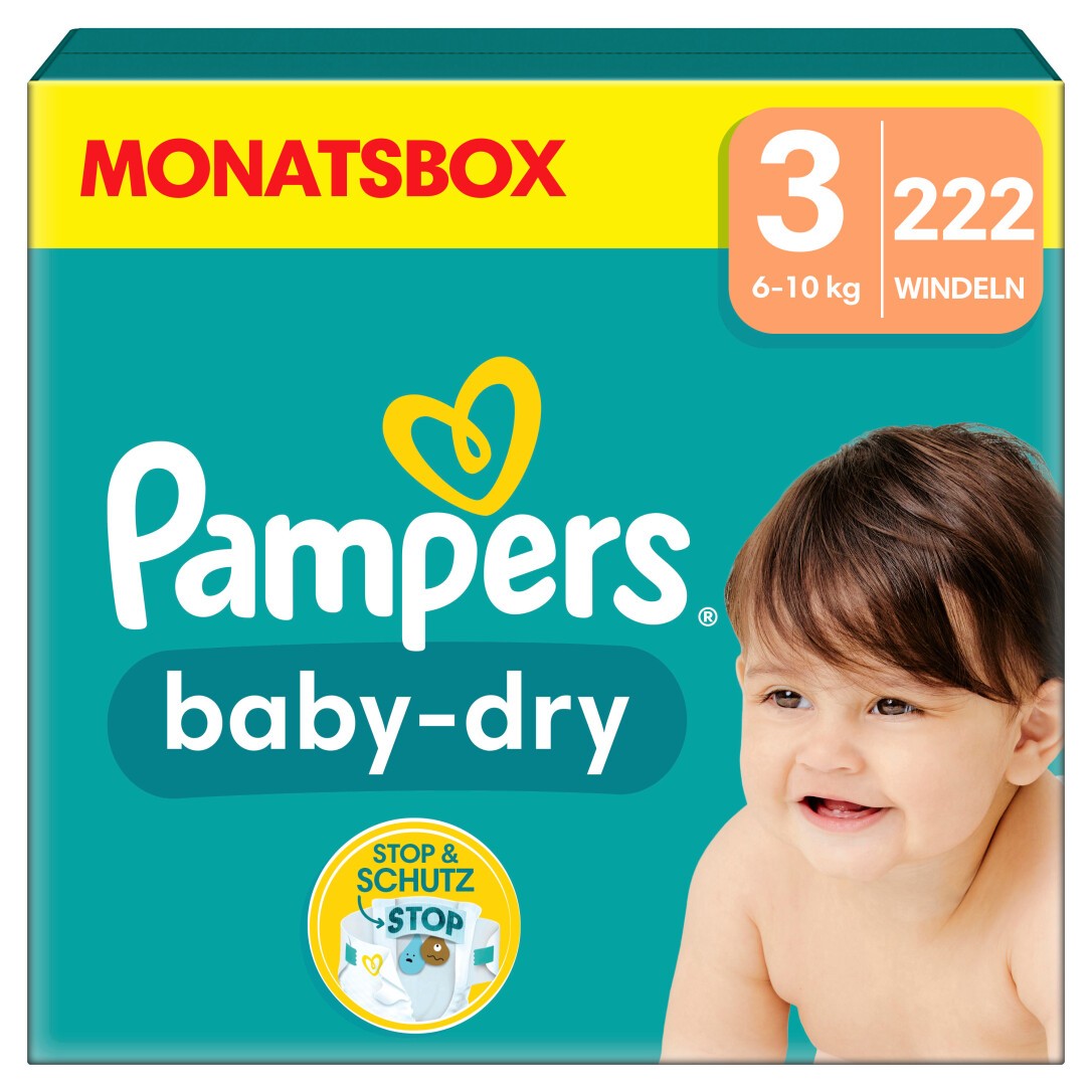 Pampers Baby-Dry Größe 3, 222 Windeln, 6kg - 10kg Monatsbox  Pampers Baby-Dry Größe 3, 222 Windeln, 6kg - 10kg Monatsbox