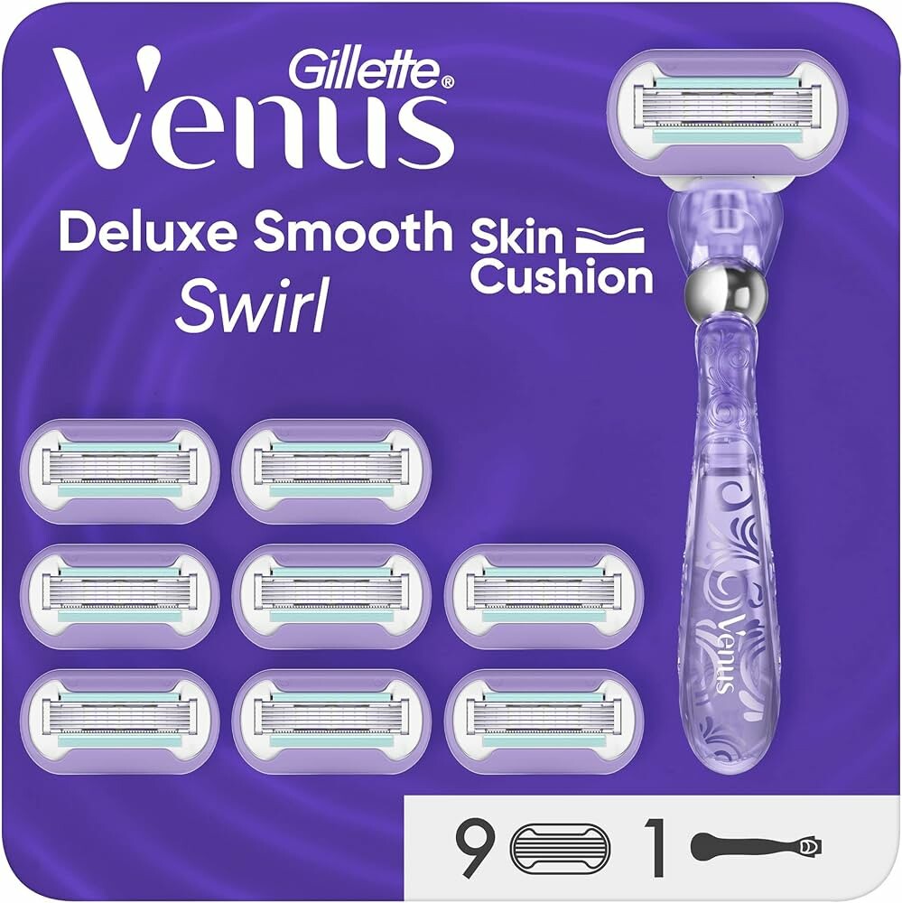 Gillette Venus Deluxe Smooth Swirl Rasierer Damen, Damenrasierer + 9 Rasierklingen mit 5-fach Klinge, Geschenk für Frauen Gillette Venus Deluxe Smooth Swirl Rasierer Damen, Damenrasierer + 9 Rasierklingen mit 5-fach Klinge, Geschenk für Frauen