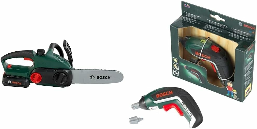 Theo Klein 8399 Bosch Kettensäge | Originalgetreue, kindgerechte Nachbildung & 8300 Bosch Akkuschrauber Ixolino   Theo Klein 8399 Bosch Kettensäge | Originalgetreue, kindgerechte Nachbildung & 8300 Bosch Akkuschrauber Ixolino