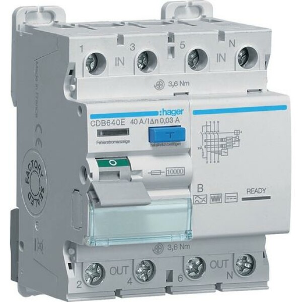 Hager FI-SCH. 3P+N 10KA 40A 30MA B (CDB640E) Hager FI-SCH. 3P+N 10KA 40A 30MA B (CDB640E)