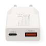 Nedis Netzladegerät / 20 W / GaN / PD3.0 / Schnellladefunktion / 1.5 / 2.0 / 2.22 A / 3.0 A / Anzahl der Ausgänge: 2 / USB-A / USB-C™ / USB-C™ (Lose) Kabel / 1.50 m / Automatische Spannungswahl / Weiss