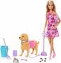 Mattel Barbie Malibu Hundespaziergang Spielset, enthält Puppe, Hund zum Spazierengehen und Häufchenm