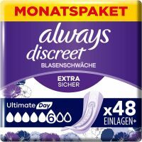 Always Discreet Inkontinenzeinlagen Ultimate Day, 48 Binden (4 x 12 Stück) für Damen, Monatspaket, starker Schutz bei Blasenschwäche, den Sie kaum spüren 