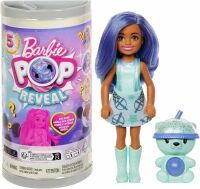 Barbie Chelsea Pop Reveal Bubble-Tea-Serie, Puppe mit Verpackung im Teedosendesign und 5 Überraschungen, darunter eine duftende kleine Puppe und ein Pop-it-Tier (Sortimentierter Artikel) HRK63